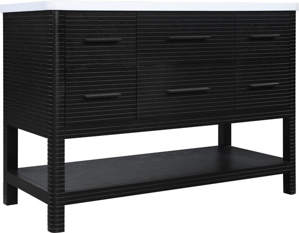 Meridian Furniture Oakwell Solid Wood Bathroom Vanity with Engineered Stone Top and Soft Close Drawer Storage Black 48 inches 679Black-48
