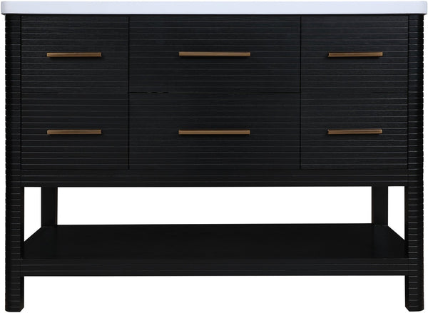Meridian Furniture Oakwell Solid Wood Bathroom Vanity with Engineered Stone Top and Soft Close Drawer Storage Black 48 inches 679Black-48