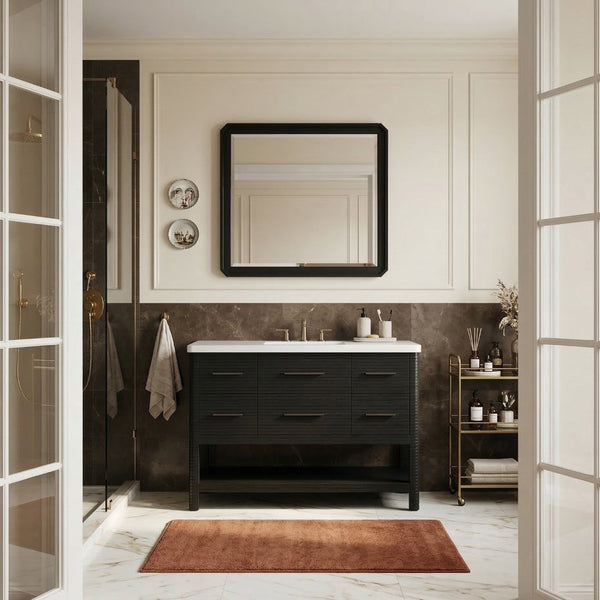 Meridian Furniture Oakwell Solid Wood Bathroom Vanity with Engineered Stone Top and Soft Close Drawer Storage Black 48 inches 679Black-48