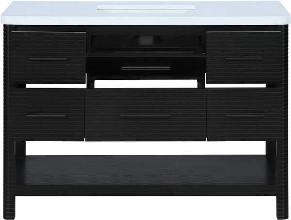 Meridian Furniture Oakwell Solid Wood Bathroom Vanity with Engineered Stone Top and Soft Close Drawer Storage Black 48 inches 679Black-48
