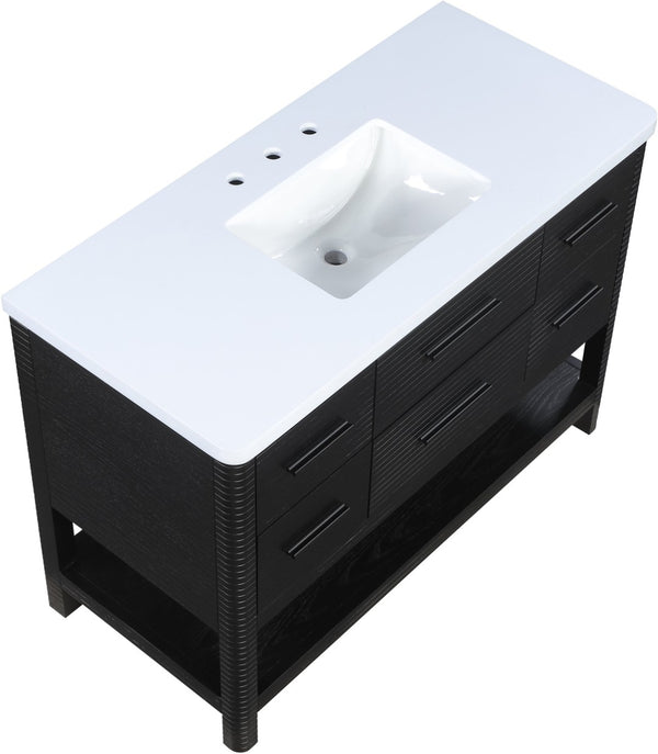 Meridian Furniture Oakwell Solid Wood Bathroom Vanity with Engineered Stone Top and Soft Close Drawer Storage Black 48 inches 679Black-48
