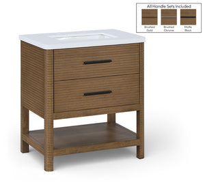 Meridian Furniture Oakwell Solid Wood Bathroom Vanity with Engineered Stone Top and Soft Close Drawer Storage Brown 30 inches 679Brown-30
