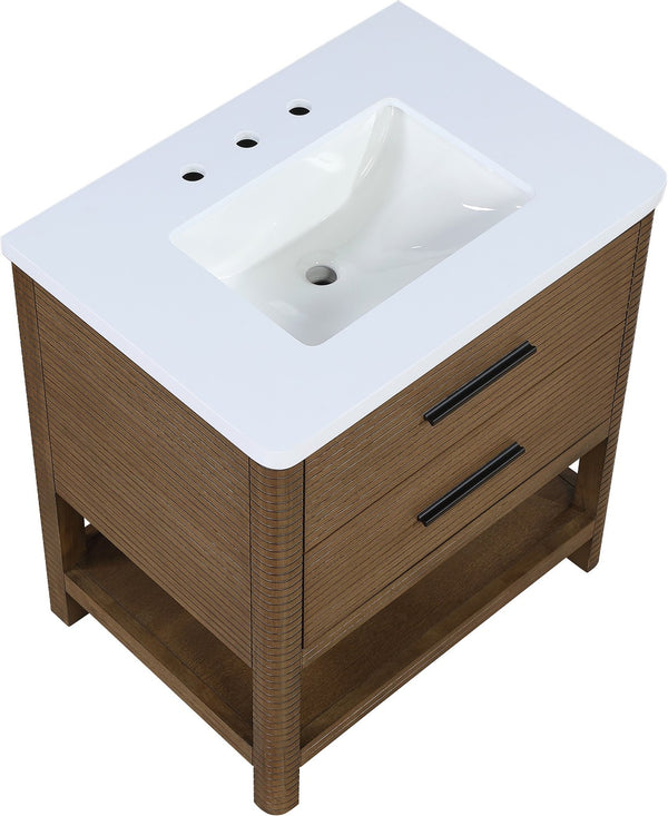 Meridian Furniture Oakwell Solid Wood Bathroom Vanity with Engineered Stone Top and Soft Close Drawer Storage Brown 30 inches 679Brown-30