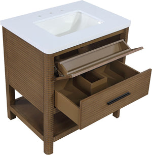 Meridian Furniture Oakwell Solid Wood Bathroom Vanity with Engineered Stone Top and Soft Close Drawer Storage Brown 30 inches 679Brown-30