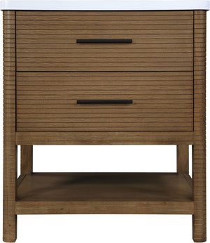 Meridian Furniture Oakwell Solid Wood Bathroom Vanity with Engineered Stone Top and Soft Close Drawer Storage Brown 30 inches 679Brown-30