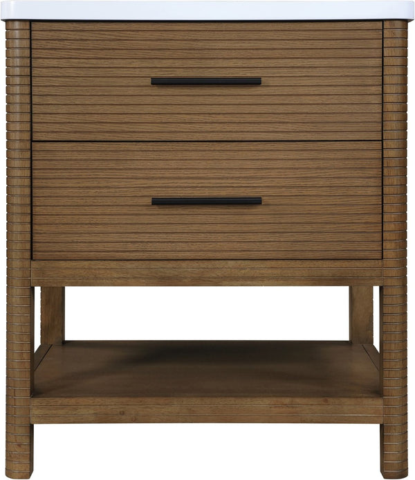 Meridian Furniture Oakwell Solid Wood Bathroom Vanity with Engineered Stone Top and Soft Close Drawer Storage Brown 30 inches 679Brown-30