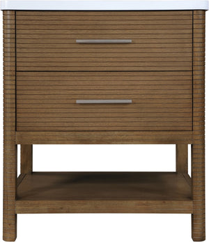 Meridian Furniture Oakwell Solid Wood Bathroom Vanity with Engineered Stone Top and Soft Close Drawer Storage Brown 30 inches 679Brown-30