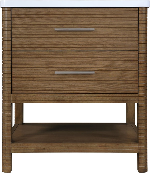 Meridian Furniture Oakwell Solid Wood Bathroom Vanity with Engineered Stone Top and Soft Close Drawer Storage Brown 30 inches 679Brown-30