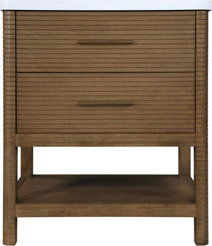Meridian Furniture Oakwell Solid Wood Bathroom Vanity with Engineered Stone Top and Soft Close Drawer Storage Brown 30 inches 679Brown-30