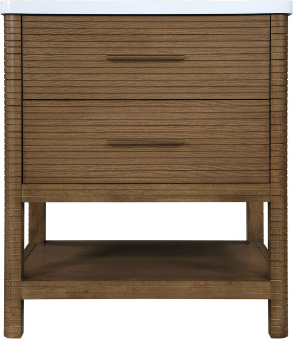 Meridian Furniture Oakwell Solid Wood Bathroom Vanity with Engineered Stone Top and Soft Close Drawer Storage Brown 30 inches 679Brown-30