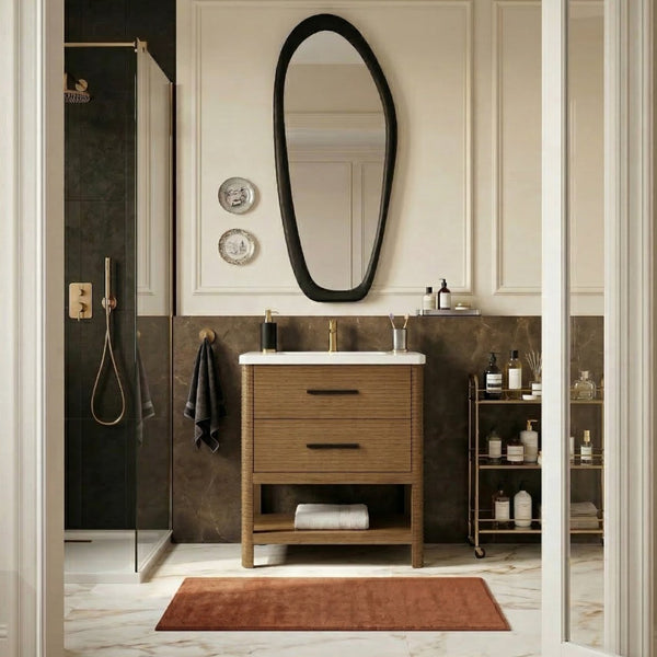 Meridian Furniture Oakwell Solid Wood Bathroom Vanity with Engineered Stone Top and Soft Close Drawer Storage Brown 30 inches 679Brown-30