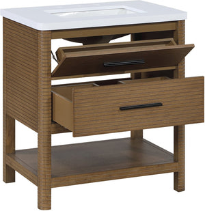 Meridian Furniture Oakwell Solid Wood Bathroom Vanity with Engineered Stone Top and Soft Close Drawer Storage Brown 30 inches 679Brown-30