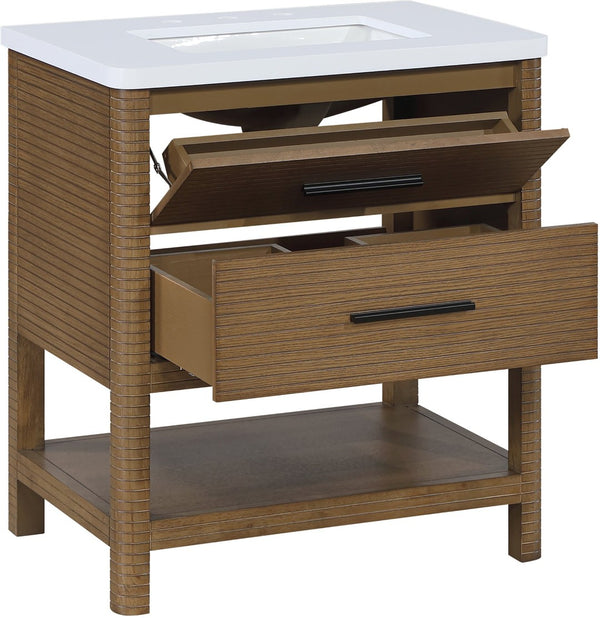 Meridian Furniture Oakwell Solid Wood Bathroom Vanity with Engineered Stone Top and Soft Close Drawer Storage Brown 30 inches 679Brown-30
