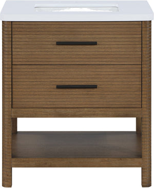 Meridian Furniture Oakwell Solid Wood Bathroom Vanity with Engineered Stone Top and Soft Close Drawer Storage Brown 30 inches 679Brown-30