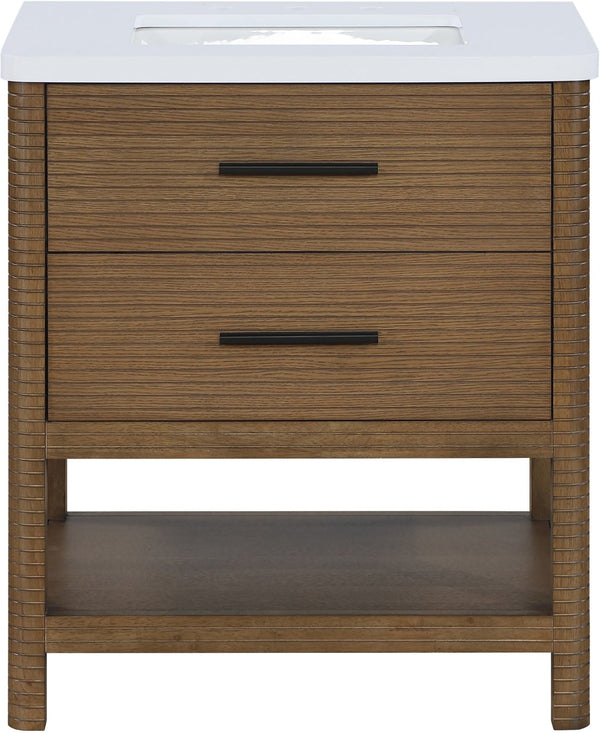 Meridian Furniture Oakwell Solid Wood Bathroom Vanity with Engineered Stone Top and Soft Close Drawer Storage Brown 30 inches 679Brown-30
