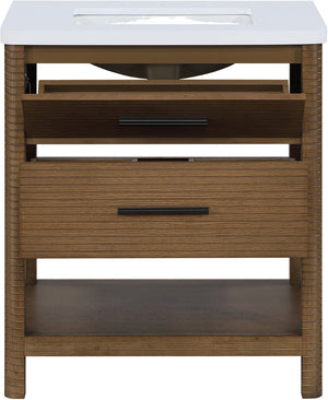 Meridian Furniture Oakwell Solid Wood Bathroom Vanity with Engineered Stone Top and Soft Close Drawer Storage Brown 30 inches 679Brown-30