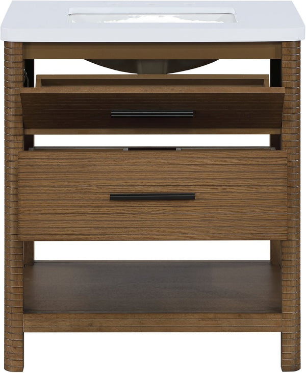 Meridian Furniture Oakwell Solid Wood Bathroom Vanity with Engineered Stone Top and Soft Close Drawer Storage Brown 30 inches 679Brown-30