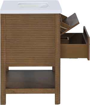 Meridian Furniture Oakwell Solid Wood Bathroom Vanity with Engineered Stone Top and Soft Close Drawer Storage Brown 30 inches 679Brown-30