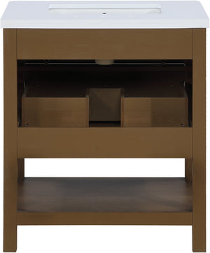 Meridian Furniture Oakwell Solid Wood Bathroom Vanity with Engineered Stone Top and Soft Close Drawer Storage Brown 30 inches 679Brown-30