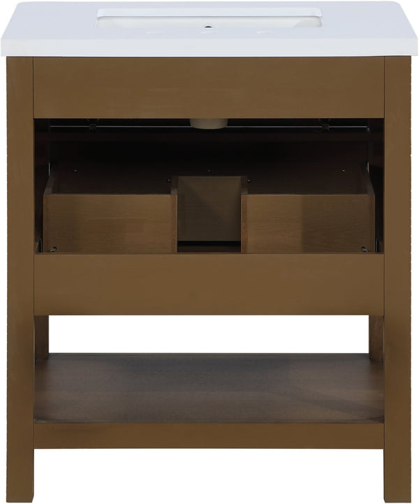 Meridian Furniture Oakwell Solid Wood Bathroom Vanity with Engineered Stone Top and Soft Close Drawer Storage Brown 30 inches 679Brown-30