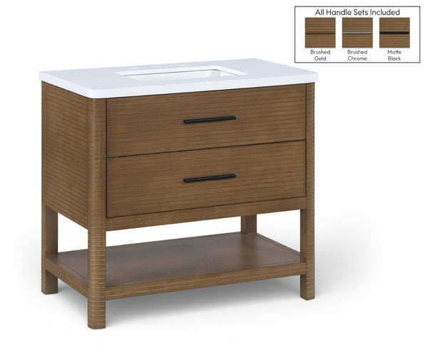 Meridian Furniture Oakwell Solid Wood Bathroom Vanity with Engineered Stone Top and Soft Close Drawer Storage Brown 36 inches 679Brown-36