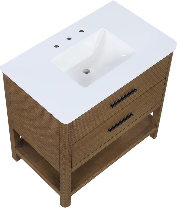 Meridian Furniture Oakwell Solid Wood Bathroom Vanity with Engineered Stone Top and Soft Close Drawer Storage Brown 36 inches 679Brown-36
