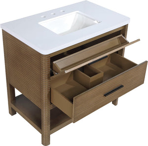 Meridian Furniture Oakwell Solid Wood Bathroom Vanity with Engineered Stone Top and Soft Close Drawer Storage Brown 36 inches 679Brown-36