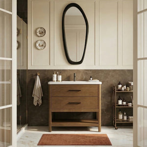 Meridian Furniture Oakwell Solid Wood Bathroom Vanity with Engineered Stone Top and Soft Close Drawer Storage Brown 36 inches 679Brown-36