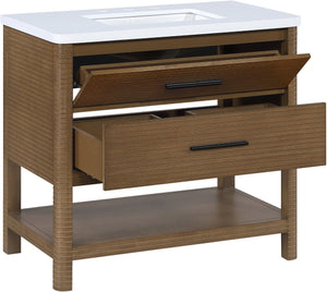 Meridian Furniture Oakwell Solid Wood Bathroom Vanity with Engineered Stone Top and Soft Close Drawer Storage Brown 36 inches 679Brown-36
