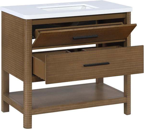 Meridian Furniture Oakwell Solid Wood Bathroom Vanity with Engineered Stone Top and Soft Close Drawer Storage Brown 36 inches 679Brown-36