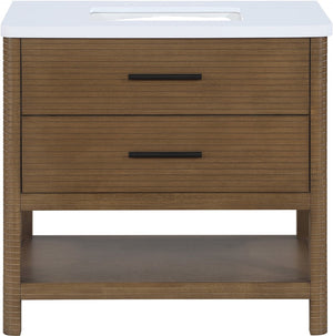 Meridian Furniture Oakwell Solid Wood Bathroom Vanity with Engineered Stone Top and Soft Close Drawer Storage Brown 36 inches 679Brown-36