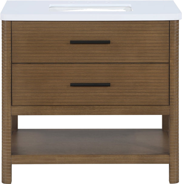 Meridian Furniture Oakwell Solid Wood Bathroom Vanity with Engineered Stone Top and Soft Close Drawer Storage Brown 36 inches 679Brown-36