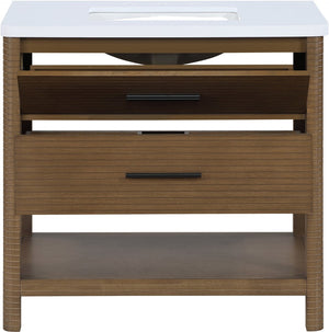 Meridian Furniture Oakwell Solid Wood Bathroom Vanity with Engineered Stone Top and Soft Close Drawer Storage Brown 36 inches 679Brown-36