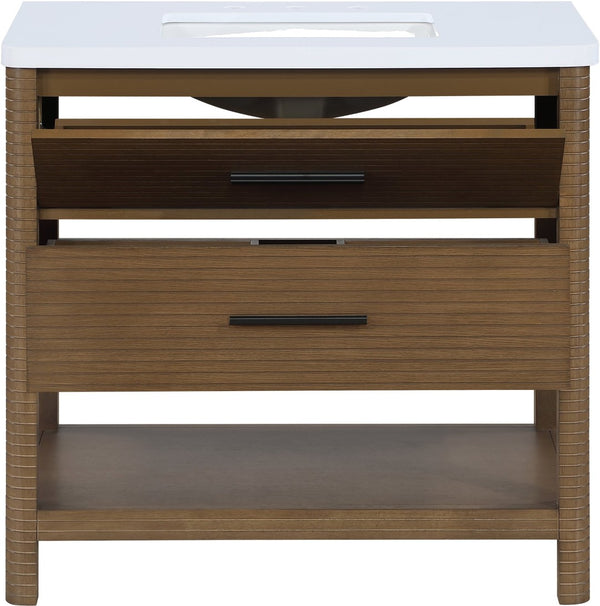 Meridian Furniture Oakwell Solid Wood Bathroom Vanity with Engineered Stone Top and Soft Close Drawer Storage Brown 36 inches 679Brown-36