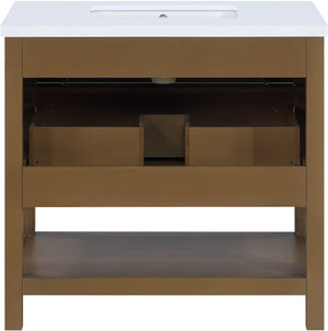 Meridian Furniture Oakwell Solid Wood Bathroom Vanity with Engineered Stone Top and Soft Close Drawer Storage Brown 36 inches 679Brown-36