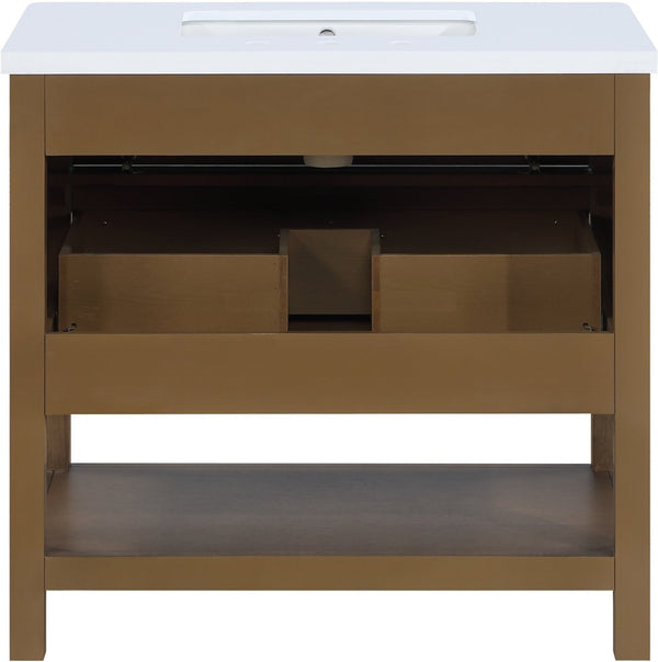 Meridian Furniture Oakwell Solid Wood Bathroom Vanity with Engineered Stone Top and Soft Close Drawer Storage Brown 36 inches 679Brown-36