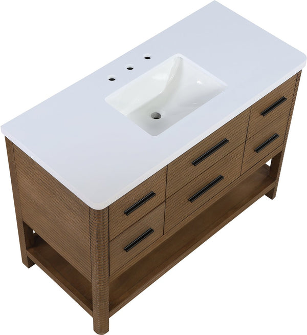 Meridian Furniture Oakwell Solid Wood Bathroom Vanity with Engineered Stone Top and Soft Close Drawer Storage Brown 48 inches 679Brown-48