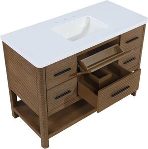 Meridian Furniture Oakwell Solid Wood Bathroom Vanity with Engineered Stone Top and Soft Close Drawer Storage Brown 48 inches 679Brown-48