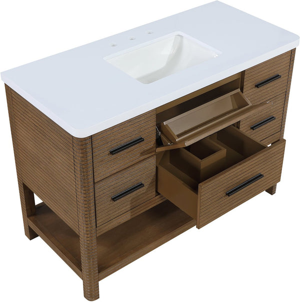 Meridian Furniture Oakwell Solid Wood Bathroom Vanity with Engineered Stone Top and Soft Close Drawer Storage Brown 48 inches 679Brown-48