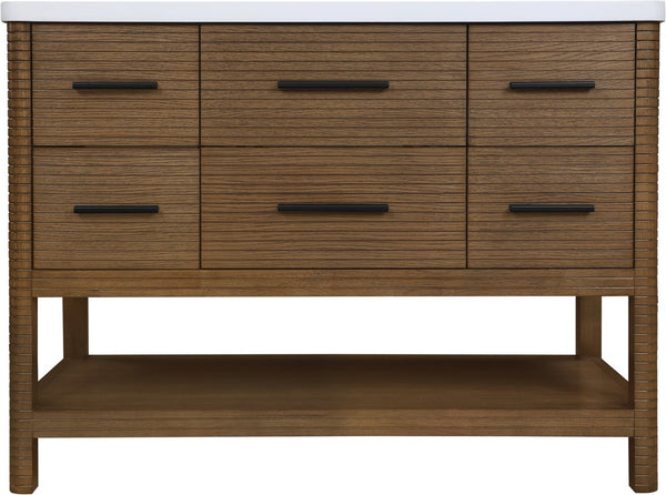 Meridian Furniture Oakwell Solid Wood Bathroom Vanity with Engineered Stone Top and Soft Close Drawer Storage Brown 48 inches 679Brown-48