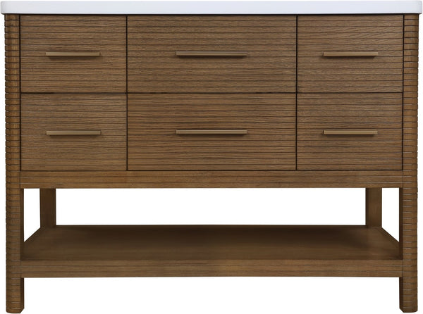 Meridian Furniture Oakwell Solid Wood Bathroom Vanity with Engineered Stone Top and Soft Close Drawer Storage Brown 48 inches 679Brown-48