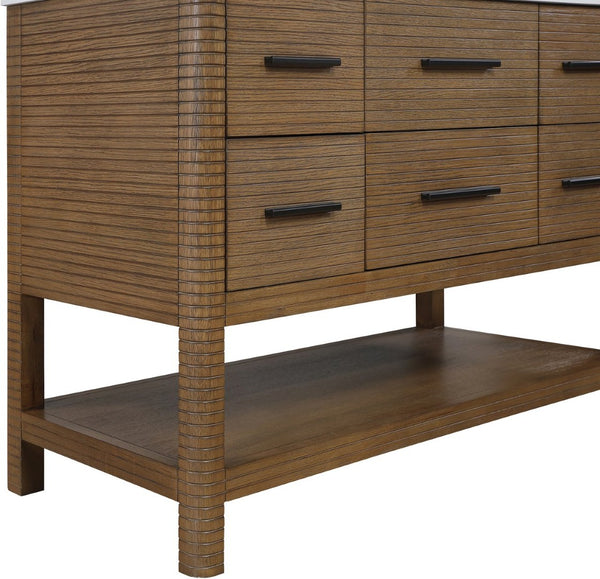 Meridian Furniture Oakwell Solid Wood Bathroom Vanity with Engineered Stone Top and Soft Close Drawer Storage Brown 48 inches 679Brown-48