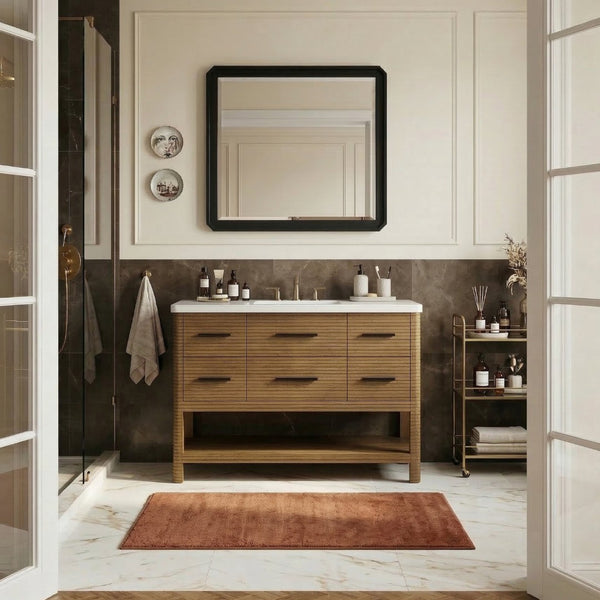 Meridian Furniture Oakwell Solid Wood Bathroom Vanity with Engineered Stone Top and Soft Close Drawer Storage Brown 48 inches 679Brown-48