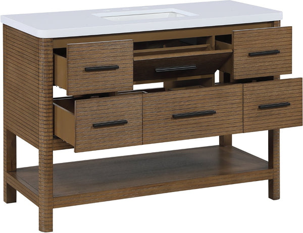 Meridian Furniture Oakwell Solid Wood Bathroom Vanity with Engineered Stone Top and Soft Close Drawer Storage Brown 48 inches 679Brown-48
