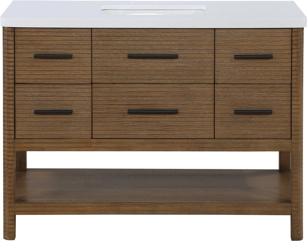 Meridian Furniture Oakwell Solid Wood Bathroom Vanity with Engineered Stone Top and Soft Close Drawer Storage Brown 48 inches 679Brown-48