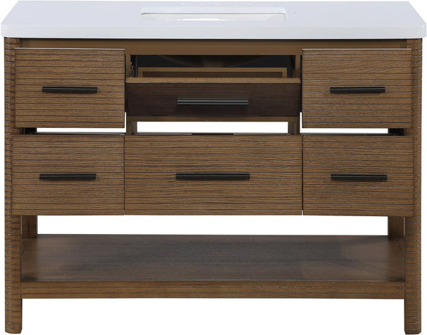 Meridian Furniture Oakwell Solid Wood Bathroom Vanity with Engineered Stone Top and Soft Close Drawer Storage Brown 48 inches 679Brown-48