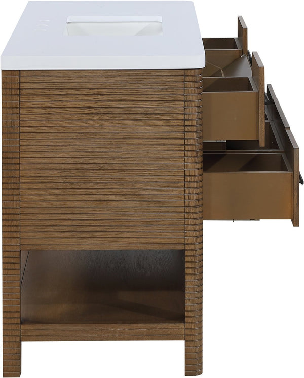 Meridian Furniture Oakwell Solid Wood Bathroom Vanity with Engineered Stone Top and Soft Close Drawer Storage Brown 48 inches 679Brown-48
