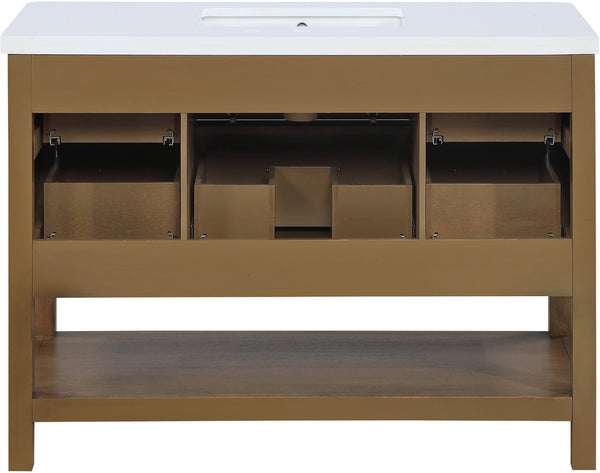Meridian Furniture Oakwell Solid Wood Bathroom Vanity with Engineered Stone Top and Soft Close Drawer Storage Brown 48 inches 679Brown-48