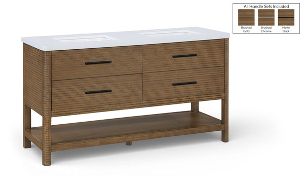Meridian Furniture Oakwell Solid Wood Bathroom Vanity with Engineered Stone Top and Soft Close Drawer Storage Brown 60 inches 679Brown-60