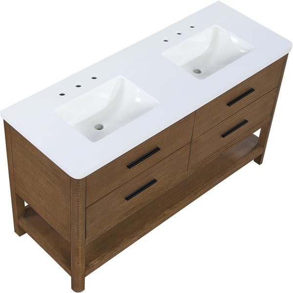 Meridian Furniture Oakwell Solid Wood Bathroom Vanity with Engineered Stone Top and Soft Close Drawer Storage Brown 60 inches 679Brown-60